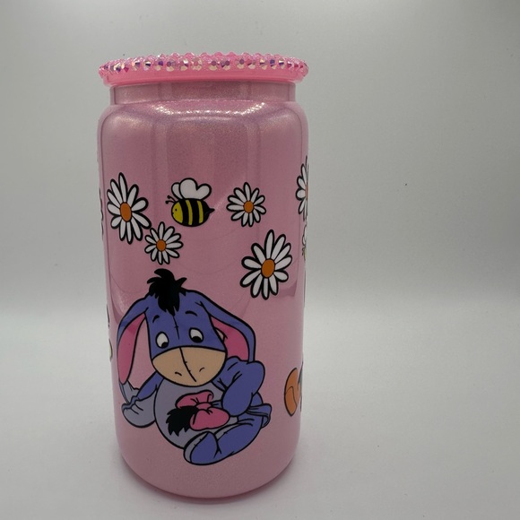 WINNIE THE POOH 16oz shimmer LIBBEY glass with rhinestone lid & straw - Picture 4 of 5